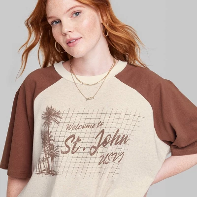 Women's Ascot + Hart Cropped St. John Elbow Sleeve Graphic T-Shirt - Brown 3 Women's Ascot + Hart Cropped St. John Elbow Sleeve Graphic T-Shirt - Brown - Image 3