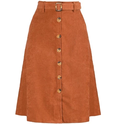 Allegra K Women's High Waist Button Front A-Line Belted Corduroy Midi Skirt 8 Allegra K Women's High Waist Button Front A-Line Belted Corduroy Midi Skirt - Image 8