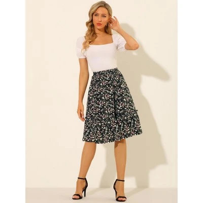 Allegra K Women's Ruffle Hem Elastic Waist Flowy A-Line Swing Floral Midi Skirt 2 Allegra K Women's Ruffle Hem Elastic Waist Flowy A-Line Swing Floral Midi Skirt - Image 2