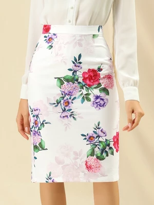 Allegra K Women's Floral Elastic Waistband Bodycon Pencil Skirt With Back Slit 1 Allegra K Women's Floral Elastic Waistband Bodycon Pencil Skirt With Back Slit