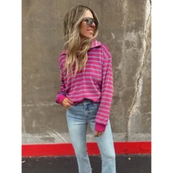 Women's Ascot + Hart Collared Striped Long Sleeve Graphic T-Shirt -Avene Clothing Shop GUEST 1e6b7330 adb9 4821 9c4c d7dc6dab9688