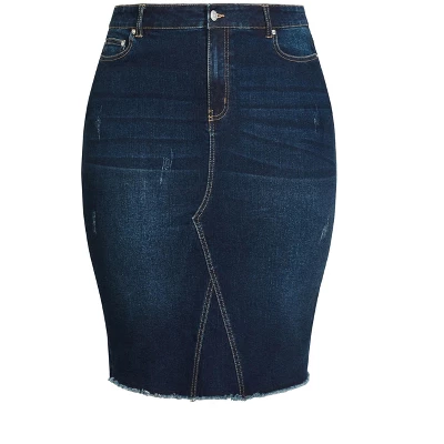 Women's Plus Size Denim Stretch Skirt - Dark Wash | AVENUE 2 Women's Plus Size Denim Stretch Skirt - Dark Wash | AVENUE - Image 2