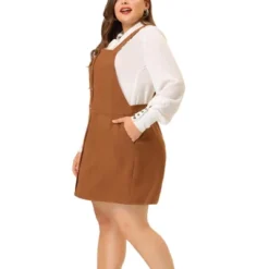Agnes Orinda Women's Plus Size High Waist A-Line Suede Overall Suspender Dress