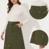 Allegra K Women's High Waist Button Front A-Line Belted Corduroy Midi Skirt