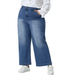Agnes Orinda Women's Plus Size Wide Leg Baggy Washed Stretch With Pockets Denim Ankle Jeans