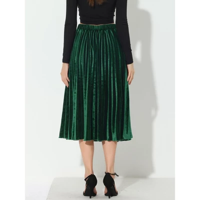 Allegra K Women's High Elastic Waist Velvet Pleated Swing Midi Skirt 3 Allegra K Women's High Elastic Waist Velvet Pleated Swing Midi Skirt - Image 3