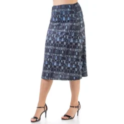 24seven Comfort Apparel Grey Abstract Elastic Waist Knee Length Skirt