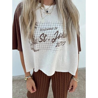 Women's Ascot + Hart Cropped St. John Elbow Sleeve Graphic T-Shirt - Brown 5 Women's Ascot + Hart Cropped St. John Elbow Sleeve Graphic T-Shirt - Brown - Image 5