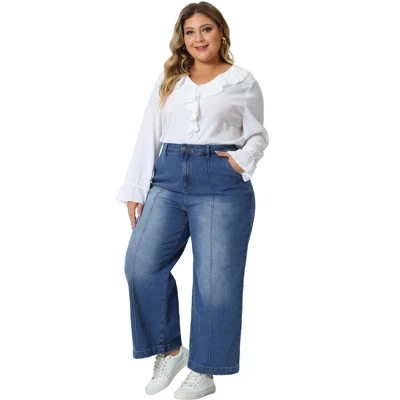 Agnes Orinda Women's Plus Size Wide Leg Baggy Washed Stretch With Pockets Denim Ankle Jeans 2 Agnes Orinda Women's Plus Size Wide Leg Baggy Washed Stretch With Pockets Denim Ankle Jeans - Image 2