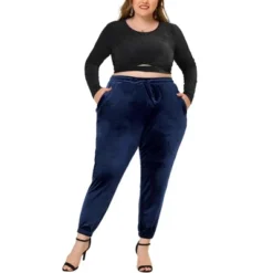 Agnes Orinda Women's Plus Size Velvet Elastic Waist Cuff Casual Pant