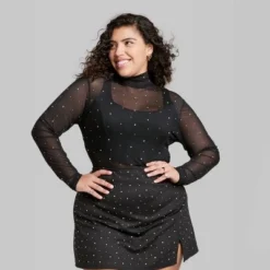 Women's Rhinestone Mesh Mock Turtleneck Top - Wild Fable™