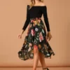 Allegra K Women's High Low Hem Elastic Waist Lurex Chiffon A-Line Midi Floral Skirt