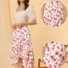 Allegra K Women's Floral Elastic Waist Flowy High Low Hem Layered Ruffle Skirt