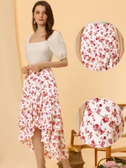 Allegra K Women's Floral Elastic Waist Flowy High Low Hem Layered Ruffle Skirt