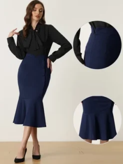 Allegra K Women's High Waist Elegant Button Decor Stretch Mermaid Midi Skirt