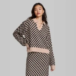 Women's Ascot + Hart Collared Checkered Long Sleeve Graphic T-Shirt