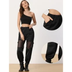 Allegra K Women's High Waist Sports Elastic Mesh Panel Sheer Baggy Cargo Pants