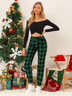 Allegra K Women's Elastic High Waist Leisure Plaid Pants With Pockets