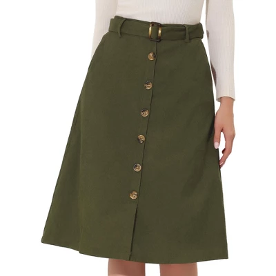 Allegra K Women's High Waist Button Front A-Line Belted Corduroy Midi Skirt 6 Allegra K Women's High Waist Button Front A-Line Belted Corduroy Midi Skirt - Image 6