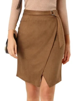 Allegra K Women's A-Line Knee Length Front Slit Wrap Faux Suede Skirt -Avene Clothing Shop GUEST 8fc3cf1b b4c1 418f 8aa3 1c10d9b4bf96