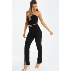 QUIZ Women's Scuba Crepe Buckle Detail Split Hem Pant