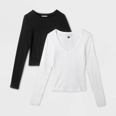 Women's 2pk Long Sleeve Shrunken Rib T-Shirt - Universal Thread™ White/Black 6 Women's 2pk Long Sleeve Shrunken Rib T-Shirt - Universal Thread™ White/Black - Image 6