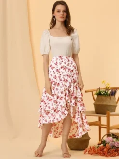Allegra K Women's Floral Elastic Waist Flowy High Low Hem Layered Ruffle Skirt -Avene Clothing Shop GUEST 99c8b12b ae35 41fa b4df 297738332abb