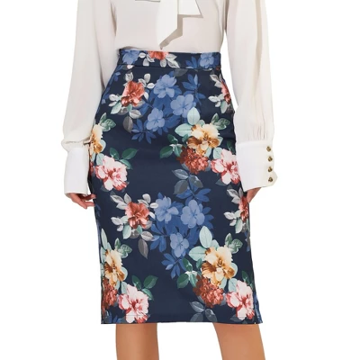 Allegra K Women's Floral Elastic Waistband Bodycon Pencil Skirt With Back Slit 7 Allegra K Women's Floral Elastic Waistband Bodycon Pencil Skirt With Back Slit - Image 7