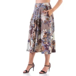 24seven Comfort Apparel Tan Paisley Pleated Pocket Midi Skirt