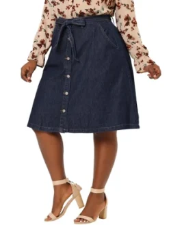 Agnes Orinda Women's Plus Size Denim Tie Waist Button Front A-Line Midi Skirts -Avene Clothing Shop GUEST b20bbb26 5d88 4ef5 be79 fa38be1a75a0