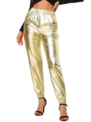 Allegra K Women's Metallic Trousers Shiny Sparkle Elastic Waist Holographic Pants 6 Allegra K Women's Metallic Trousers Shiny Sparkle Elastic Waist Holographic Pants - Image 6