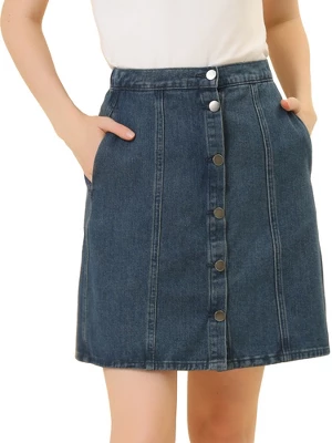 Allegra K Women's Elastic Back Short Button Down Denim Skirts With Pockets 10 Allegra K Women's Elastic Back Short Button Down Denim Skirts With Pockets - Image 10