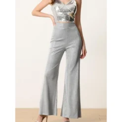 Allegra K Women's Sparkly Glitter Wide Leg Palazzo Party High Waist Trousers Pants