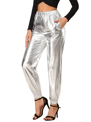 Allegra K Women's Metallic Trousers Shiny Sparkle Elastic Waist Holographic Pants 8 Allegra K Women's Metallic Trousers Shiny Sparkle Elastic Waist Holographic Pants - Image 8