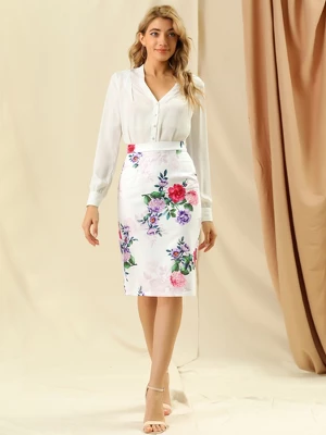 Allegra K Women's Floral Elastic Waistband Bodycon Pencil Skirt With Back Slit 2 Allegra K Women's Floral Elastic Waistband Bodycon Pencil Skirt With Back Slit - Image 2