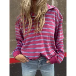 Women's Ascot + Hart Collared Striped Long Sleeve Graphic T-Shirt -Avene Clothing Shop GUEST d6a5bb1f 194b 48d8 8e5c 05d0b8f6b1ba