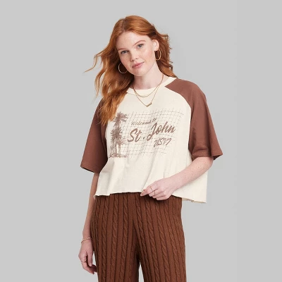 Women's Ascot + Hart Cropped St. John Elbow Sleeve Graphic T-Shirt - Brown 1 Women's Ascot + Hart Cropped St. John Elbow Sleeve Graphic T-Shirt - Brown