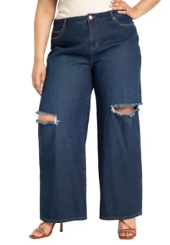 ELOQUII Women’s Plus Size Distressed Wide Leg Jeans
