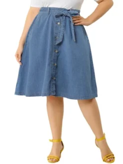 Agnes Orinda Women's Plus Size Denim Tie Waist Button Front A-Line Midi Skirts -Avene Clothing Shop GUEST e3b02da5 e088 4a3c b6cc 09c8f8e2a02b