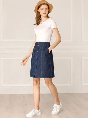 Allegra K Women's Elastic Back Short Button Down Denim Skirts With Pockets 3 Allegra K Women's Elastic Back Short Button Down Denim Skirts With Pockets - Image 3
