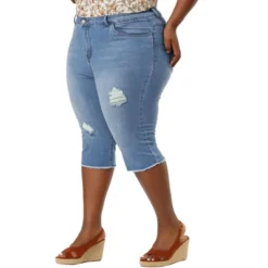 Agnes Orinda Women's Plus Size Capri Ripped Slash Pocket Raw Hem Denim Jeans