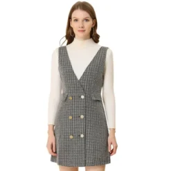 Allegra K Women's Elegant Vintage Button Front V Neck Plaid Tweed Overalls Pinafore Skirts -Avene Clothing Shop GUEST eab31ed2 3975 4f4f 9e96 6c339663f8c6