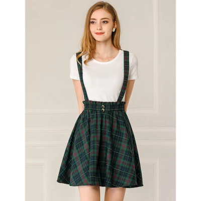 Allegra K Women's Plaid Pleated Mini Tartan Overall Skater Suspender Skirt 1 Allegra K Women's Plaid Pleated Mini Tartan Overall Skater Suspender Skirt