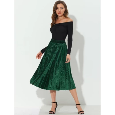 Allegra K Women's High Elastic Waist Velvet Pleated Swing Midi Skirt 2 Allegra K Women's High Elastic Waist Velvet Pleated Swing Midi Skirt - Image 2