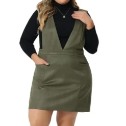 Agnes Orinda Women's Plus Size V Neck Sleeveless Faux Suede Pockets Pinafore Overall Mini Skirts