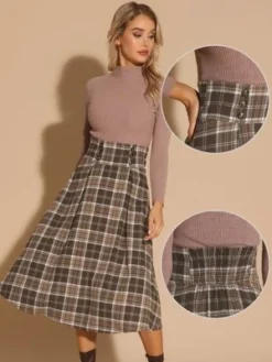 Allegra K Women's Plaid High Elastic Waist Vintage Fall A-Line Midi Skirt
